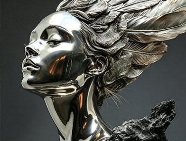 modern mirror-polished stainless steel sculpture of a woman's head with flowing hair